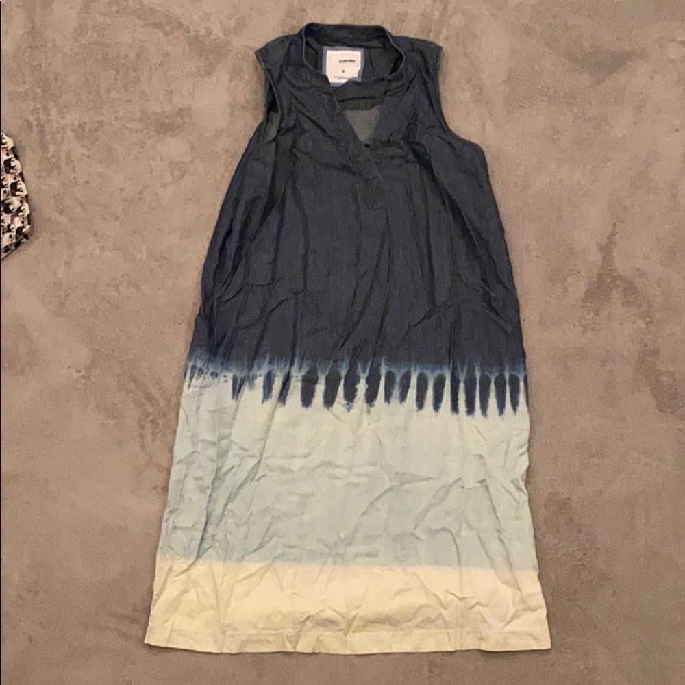 Sleeveless denim dress with ombré tie dye hem